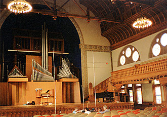 [On location at Crouse Auditorium to record the 1950 Holtkamp organ.]